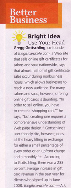 A web site that allows Salons & Spas to sell their gift cards and instant giftcertificates online